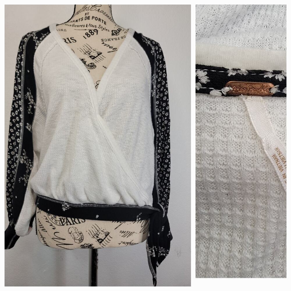 Free People Top SZ XS White Auxton Floral Waffle Knit Thermal Faux Wrap Cottage